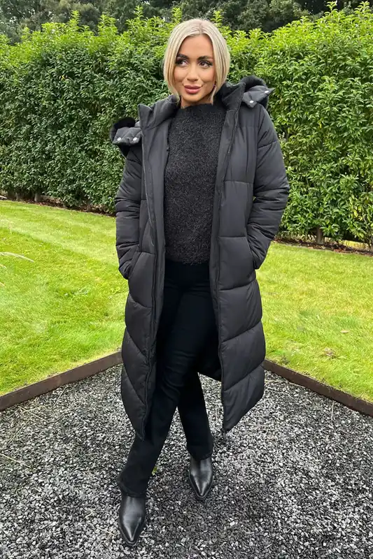Black Faux Fur Hooded Longline Padded Coat - AX Paris