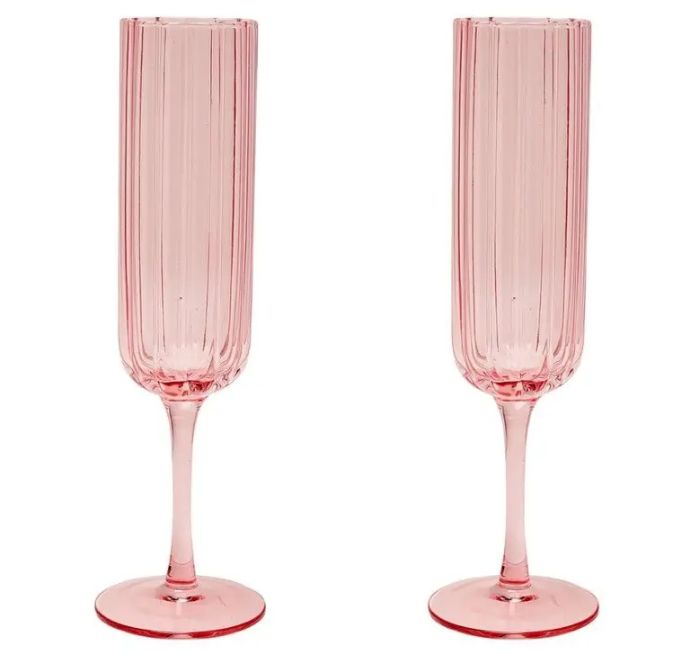 Set of 2 Bright Pink Scalloped Glass Champagne Flutes - Hestia