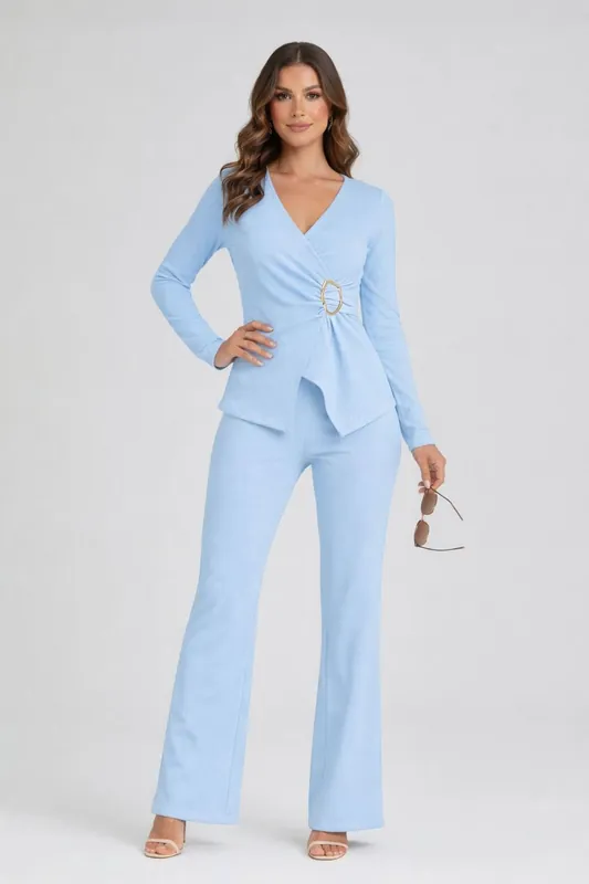 Peplum Wrap Long Sleeve and Wide Leg Trouser Co-ord Set