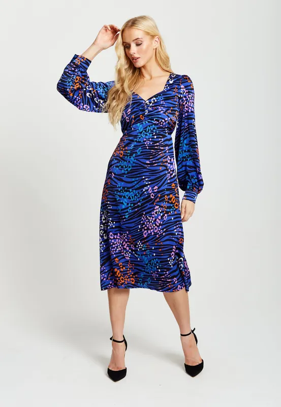 Vivid Zebra Print Midi Dress With Sweetheart Neckline - Liquorish