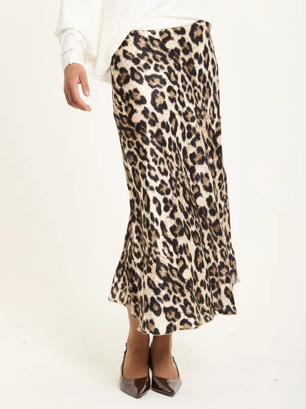 Leopard Print Satin Midi Skirt - Liquorish