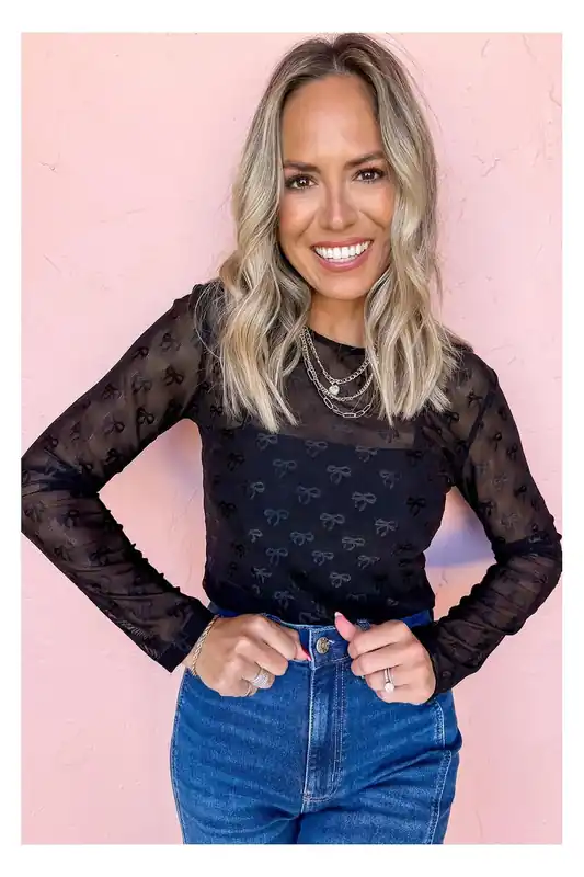 Black Mesh Bow Pattern Long Sleeve Top - Everyday The Label