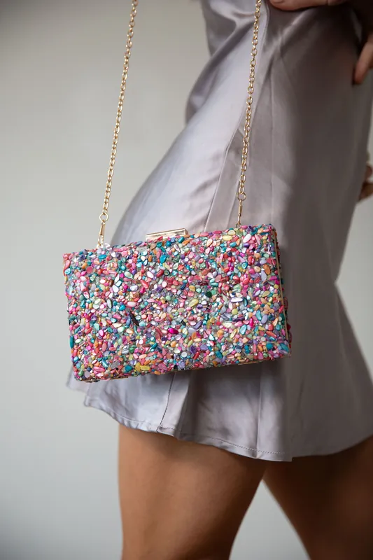 Embellished Square Clutch Bag in Multi - SVNX