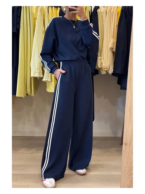 Dirty blue Varsity Striped Detail Crewneck Pullover Elastic Sweatpants - Everyday The Label