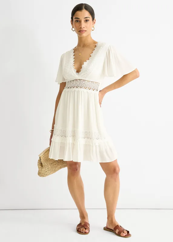 White Lace Trim Viscose Mini Skater Dress - Gini London
