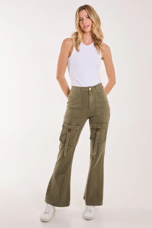 High Waist Utility Pocket Flare Jeans - Pink Vanilla