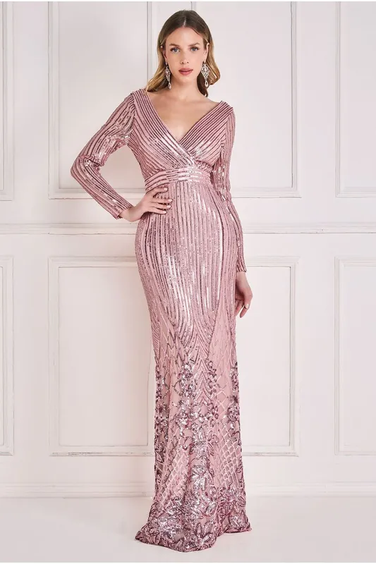 Long Sleeve Sequin V Wrap Maxi Dress - Goddiva