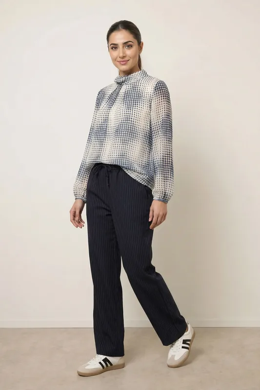 Blue Spot Print Puffball Cowl Neck Blouse - Blue Vanilla
