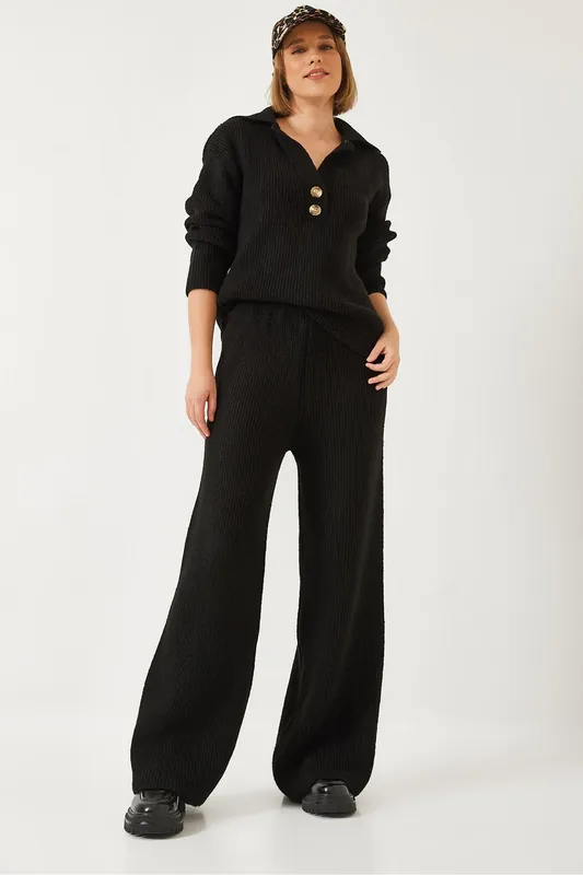 High Waist Wide Leg Two-Piece Coord Set with Shirt Collar