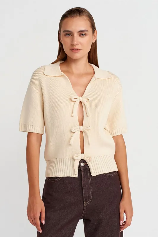 Women's Ribbed Acrylic Polo Cardigan With Tie Front - Dilvin