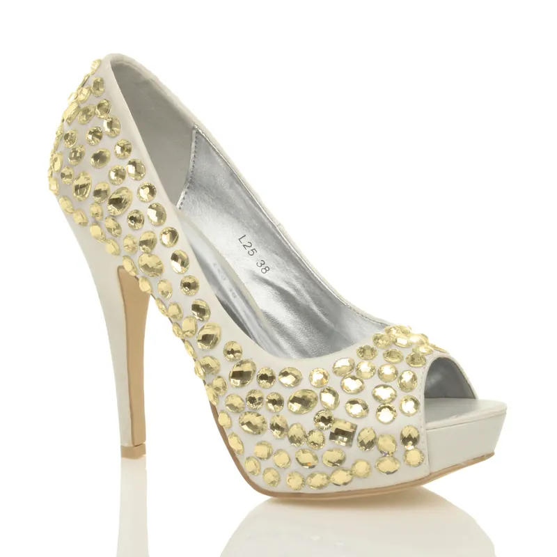 High Heel Gem Embellished Peep Toe Shoes - AJVANI