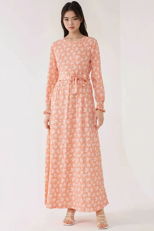 Floral Print Long Sleeve Maxi Dress with Belt - Hiccup