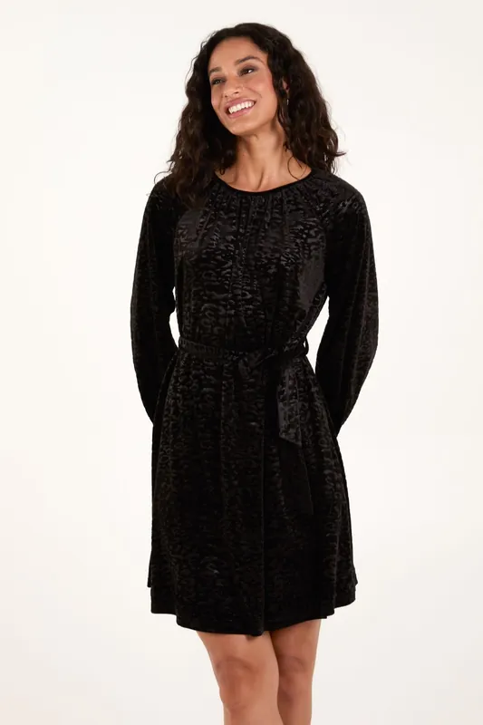 Velvet Belted Swing Dress - Blue Vanilla