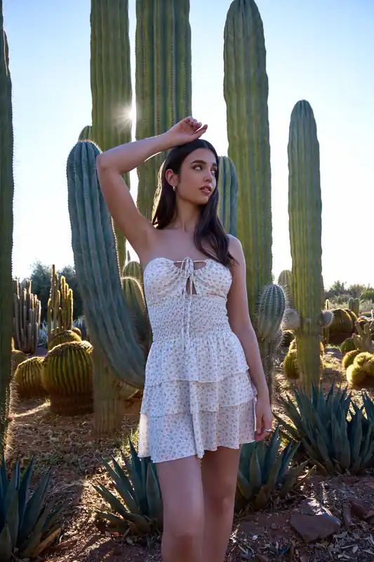 Ivory Ditsy Floral Ruched Cup Tiered Mini Dress - Pink Vanilla