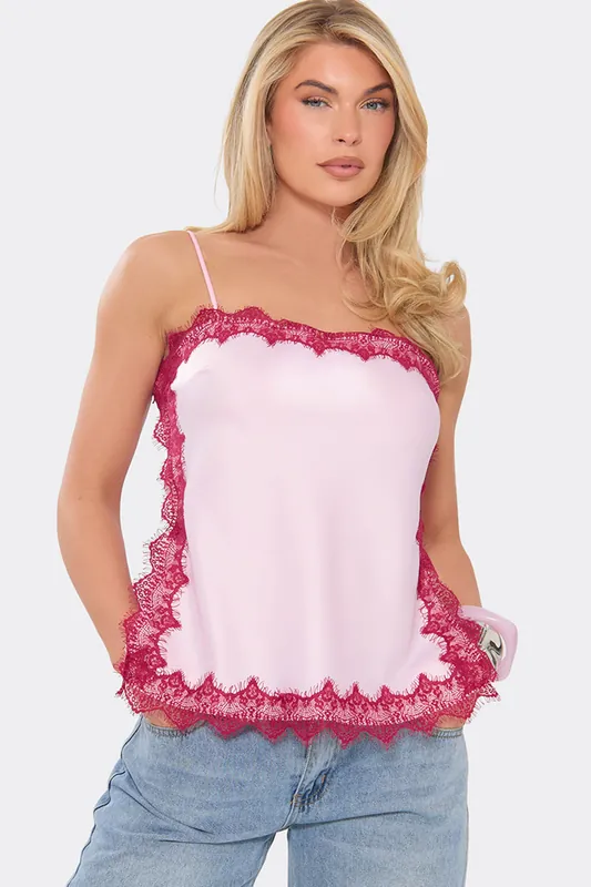 Strappy Lacy Contrast Satin Cami Top - EGO