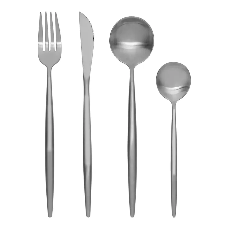 Modern Retro 16-Piece Matte Silver Cutlery Set, Sleek Stainless Steel Flatware with Contemporary Design