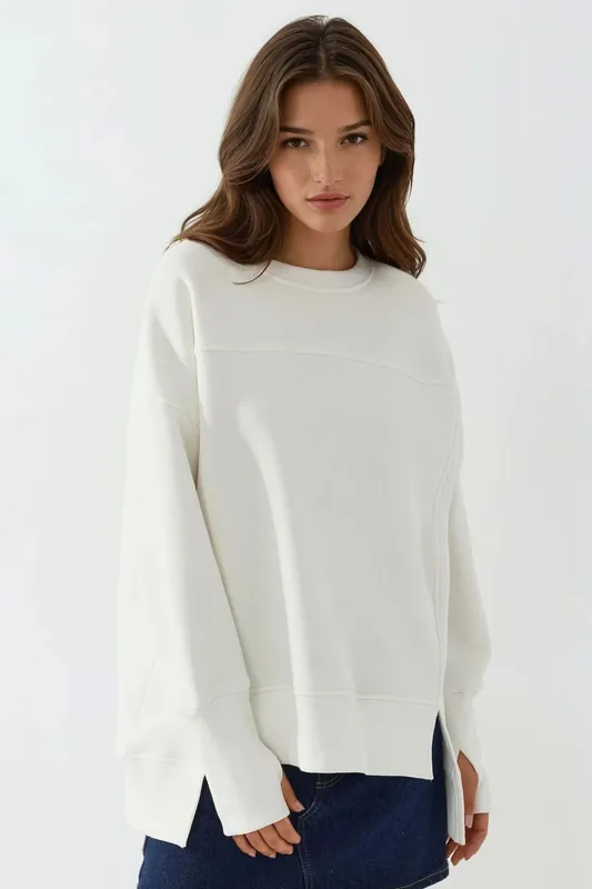 Crew Neck Oversized Sweatshirt With A Front Slit White - Hiccup