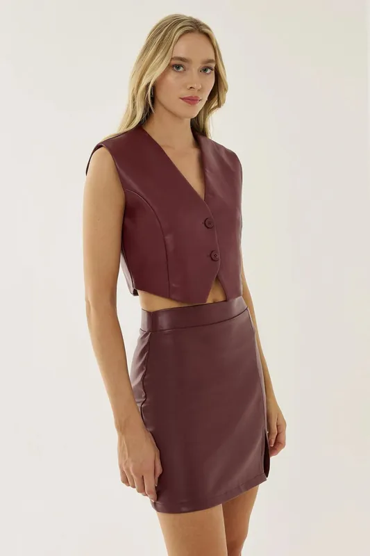 Fitted Faux Leather Buttoned Waistcoat - Hiccup