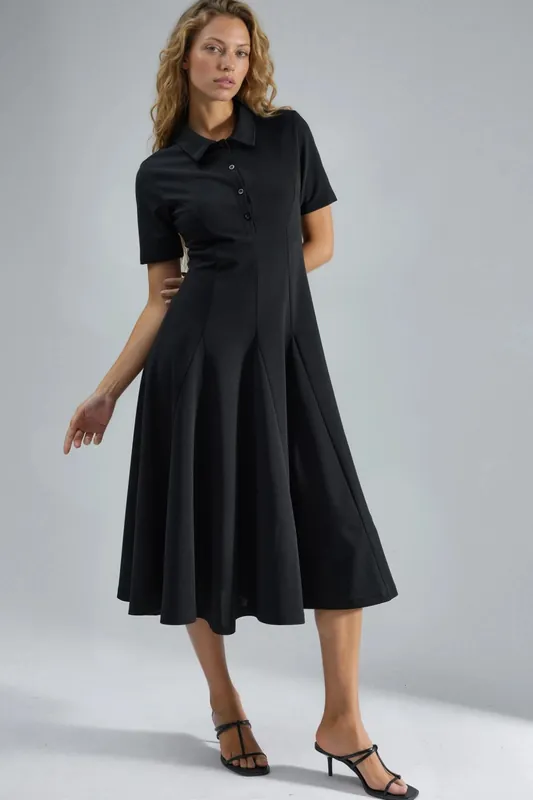 Midi A-Line Dress with Shirt Collar