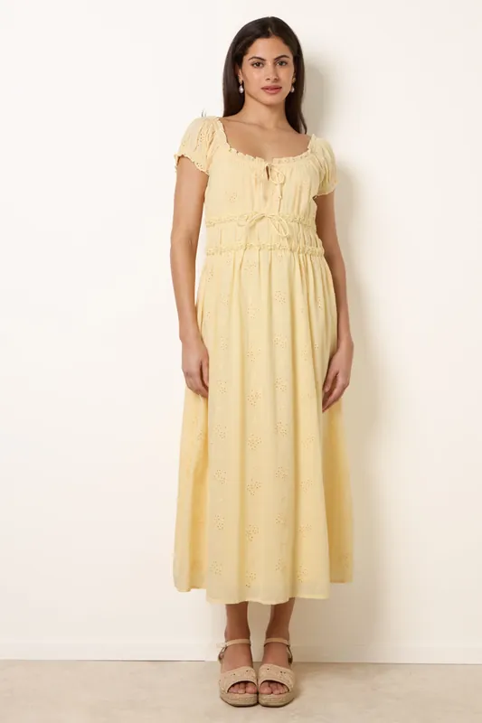 Lemon Broderie Front Tie Midi Dress - Blue Vanilla