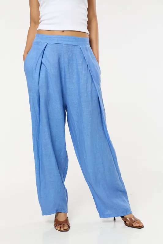 Blue Linen Wide Leg Trousers - Liquorish