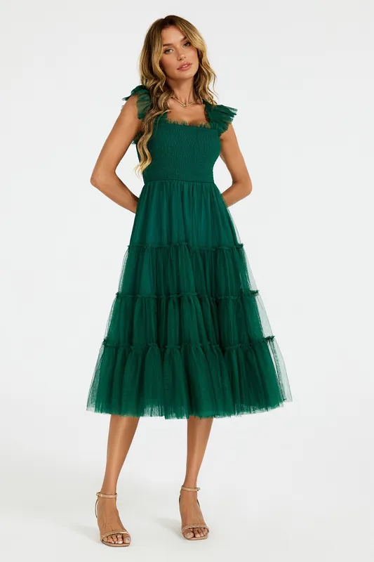 Frill Strap Shirred Tiered Midi Dress - FS Collection