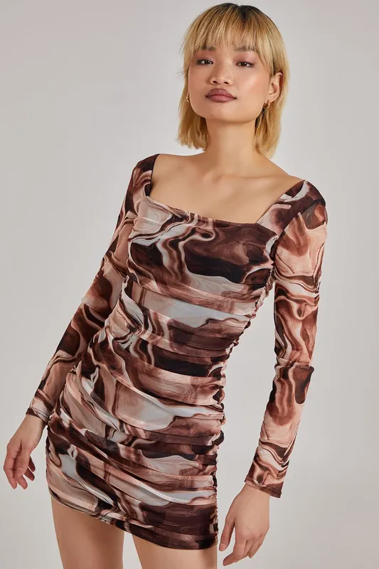 Long Sleeve Marble Print Dress - Pink Vanilla