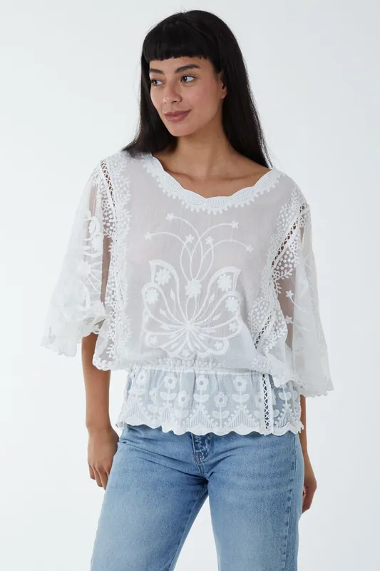 Floral Lace Butterfly Sleeve Blouse - Blue Vanilla