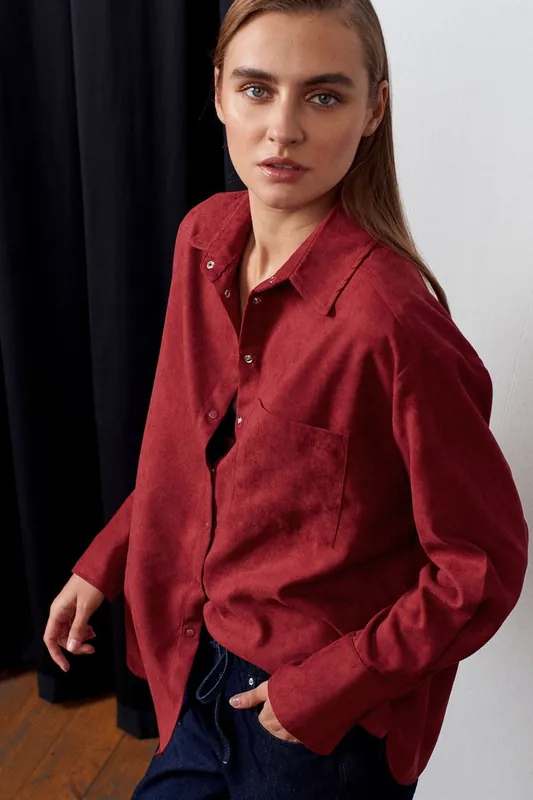 Oversized Faux Suede Button Shirt - Dilvin