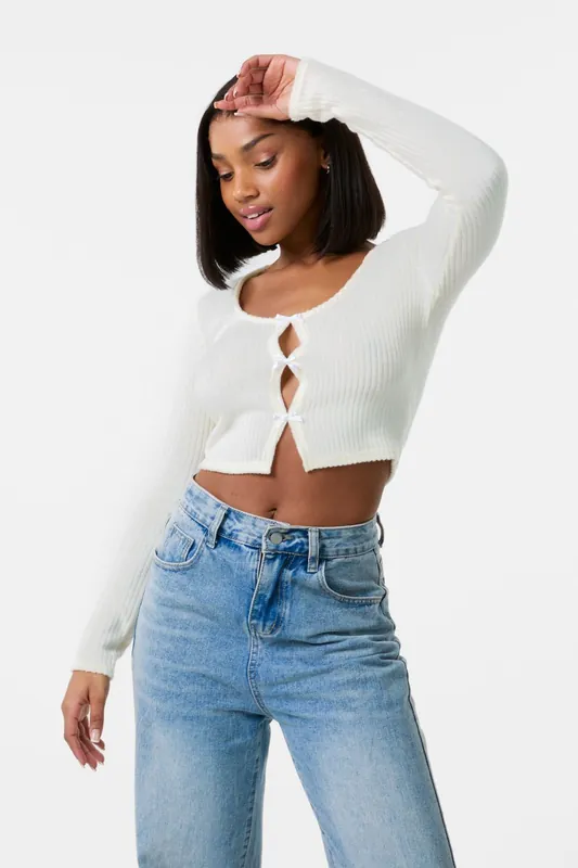 Brushed Rib Bow Top - Pink Vanilla