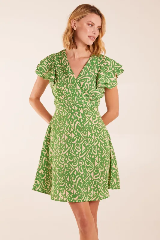 Aztec Wrap Ruffle Frill Sleeve Mini Dress - Blue Vanilla