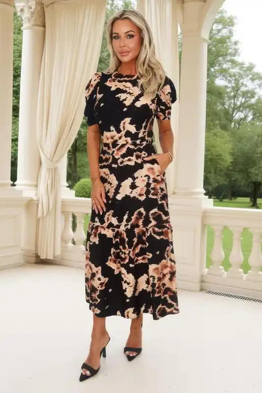 Black Abstract Print Puff Sleeve Smock Midi Dress - AX Paris