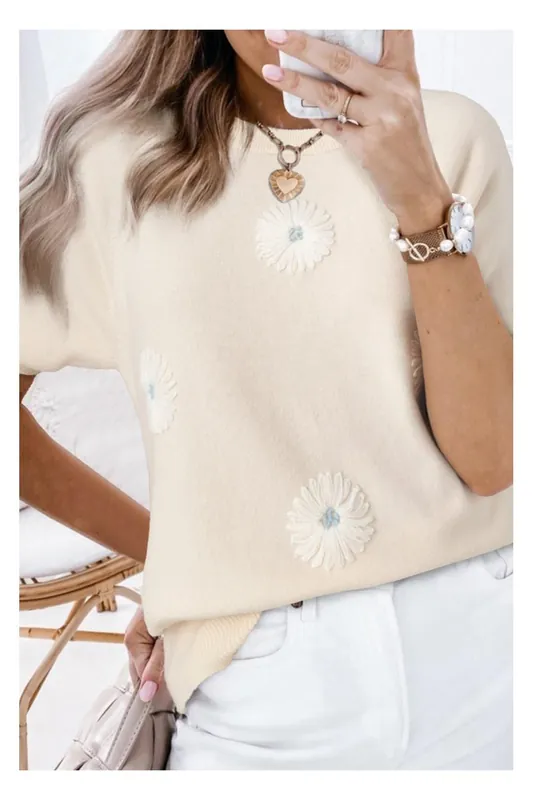 Beige Flower Pattern Short Sleeve Knitted Top - Everyday The Label