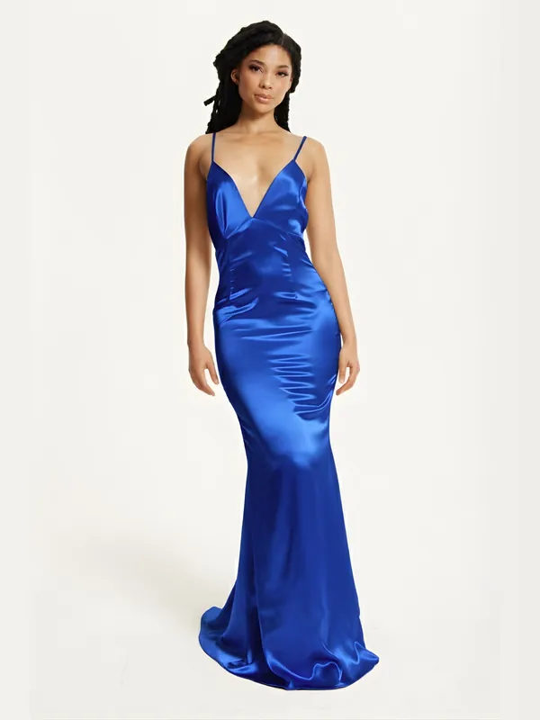 Blue Satin Plunge Maxi Dress - Liquorish