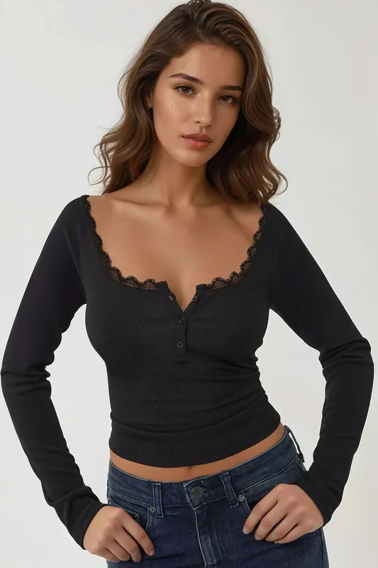 Slim Fit Lace Detail Long Sleeve Top - Hiccup