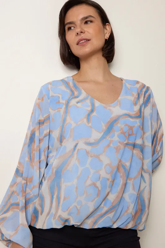 Light Blue Abstract Print V Neck Puffball Top - Blue Vanilla