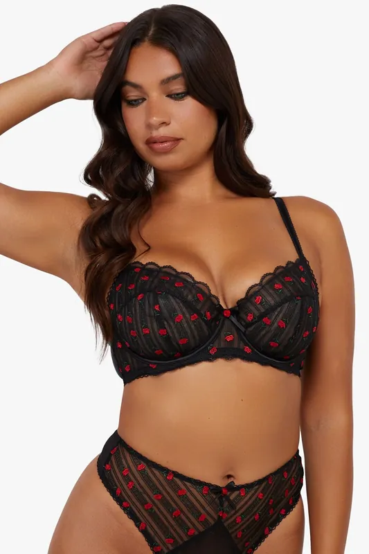 Elodie Black And Red Rosebud Embroidery Balcon Bra - Playful Promises