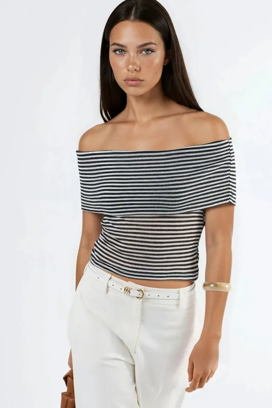 Striped Off Shoulder Crop Blouse - Busem