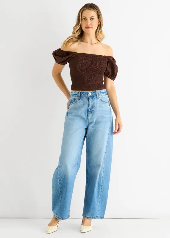 Chocolate Puff Sleeve Shirred Cotton Top - Gini London