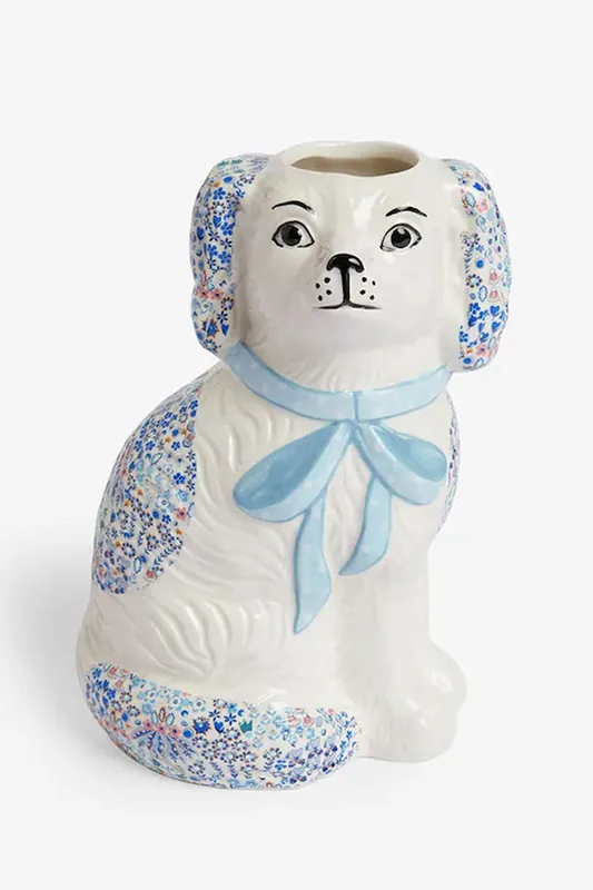 Hand-Painted Ceramic Dog Vase 21cm - Blue