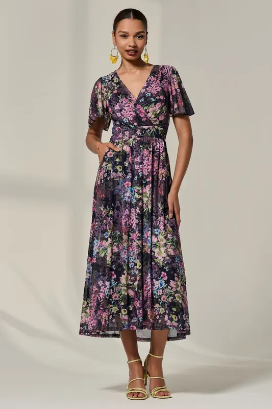 Floral Mesh Angel Sleeve Midaxi Dress - Jolie Moi