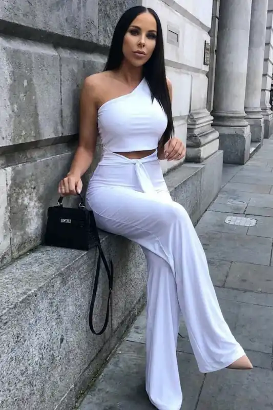 Tie Front Slinky Wide Leg One Shoulder Jumpsuit - Femme Luxe
