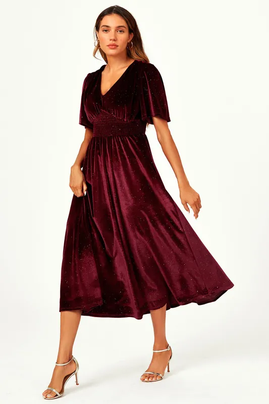 V Neck Velvet Maxi Dress In Wine - FS Collection