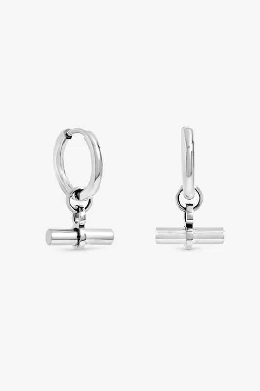 Platinum Plated Waterproof T-Bar Huggie Hoop Earrings