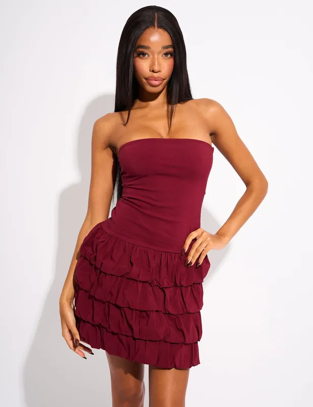 Bandeau Balloon Mini Dress Burgundy - Public Desire