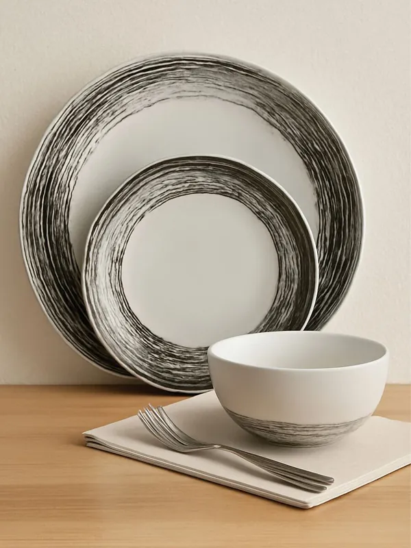 Black and White Dinner Set, 12 Piece Stoneware Dishware With Lipped Dinner Plates, Nordic Dining Ware Set - Orsina
