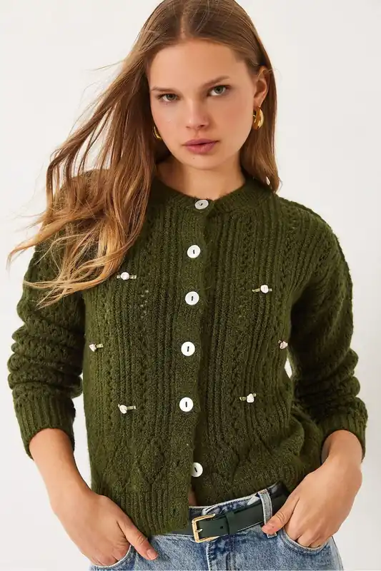 Textured Knitwear Cardigan with Button Closure - Bianco Lucci