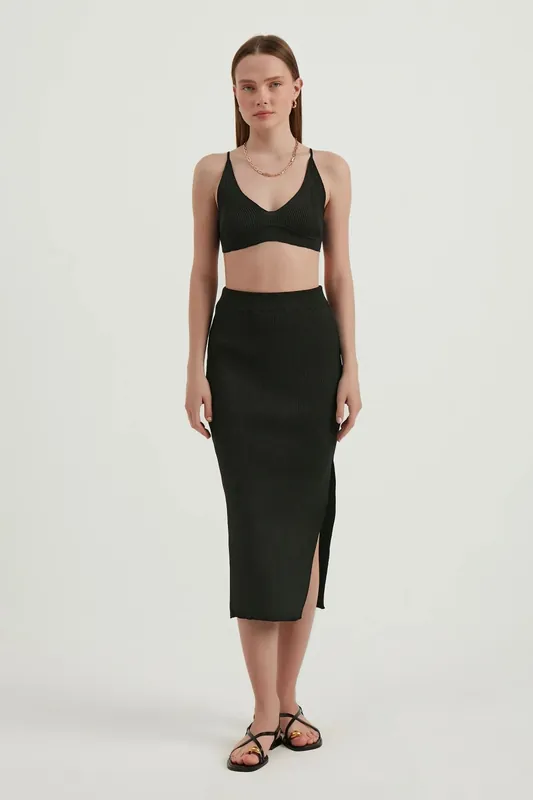 2 Pieces: V Neck Bodycon Crop Top & High Waist Maxi with a Side Slit - Hiccup