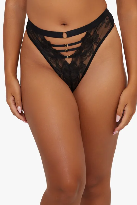 Eleanor Black Strappy Embroidery High Waist Thong - Playful Promises