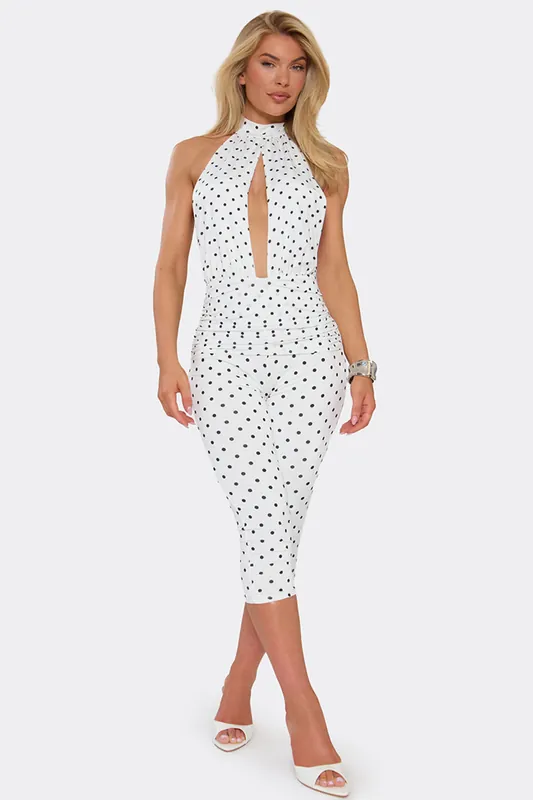 Sleeveless High Neck Keyhole Polka Dot Jumpsuit - EGO